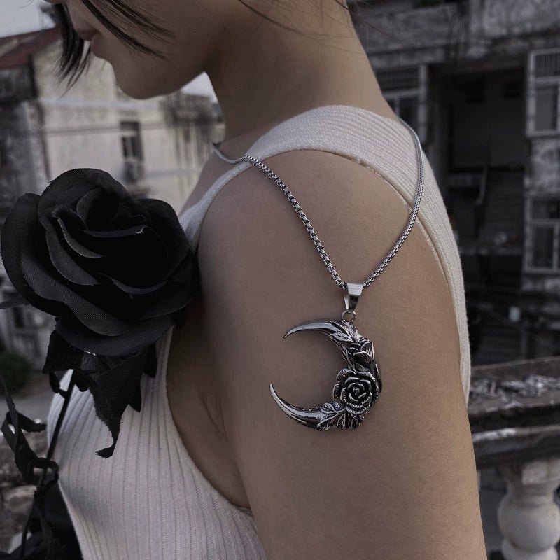 Crescent Moon with Rose Pendant Necklace - Mystical Rose Gems