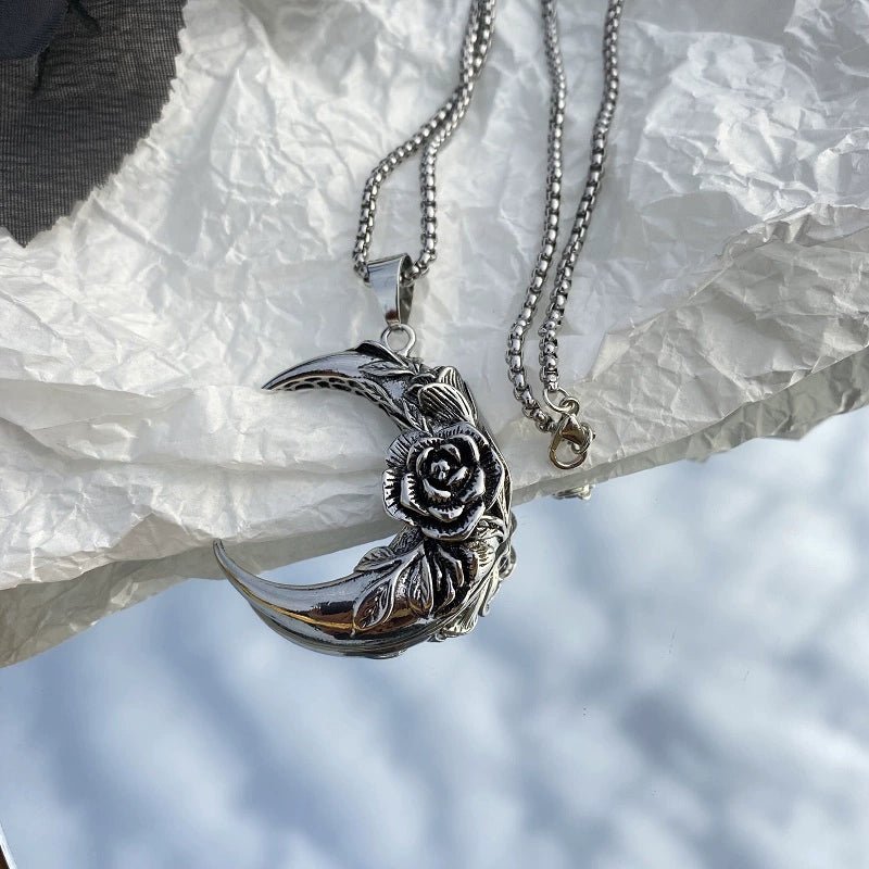 Crescent Moon with Rose Pendant Necklace - Mystical Rose Gems