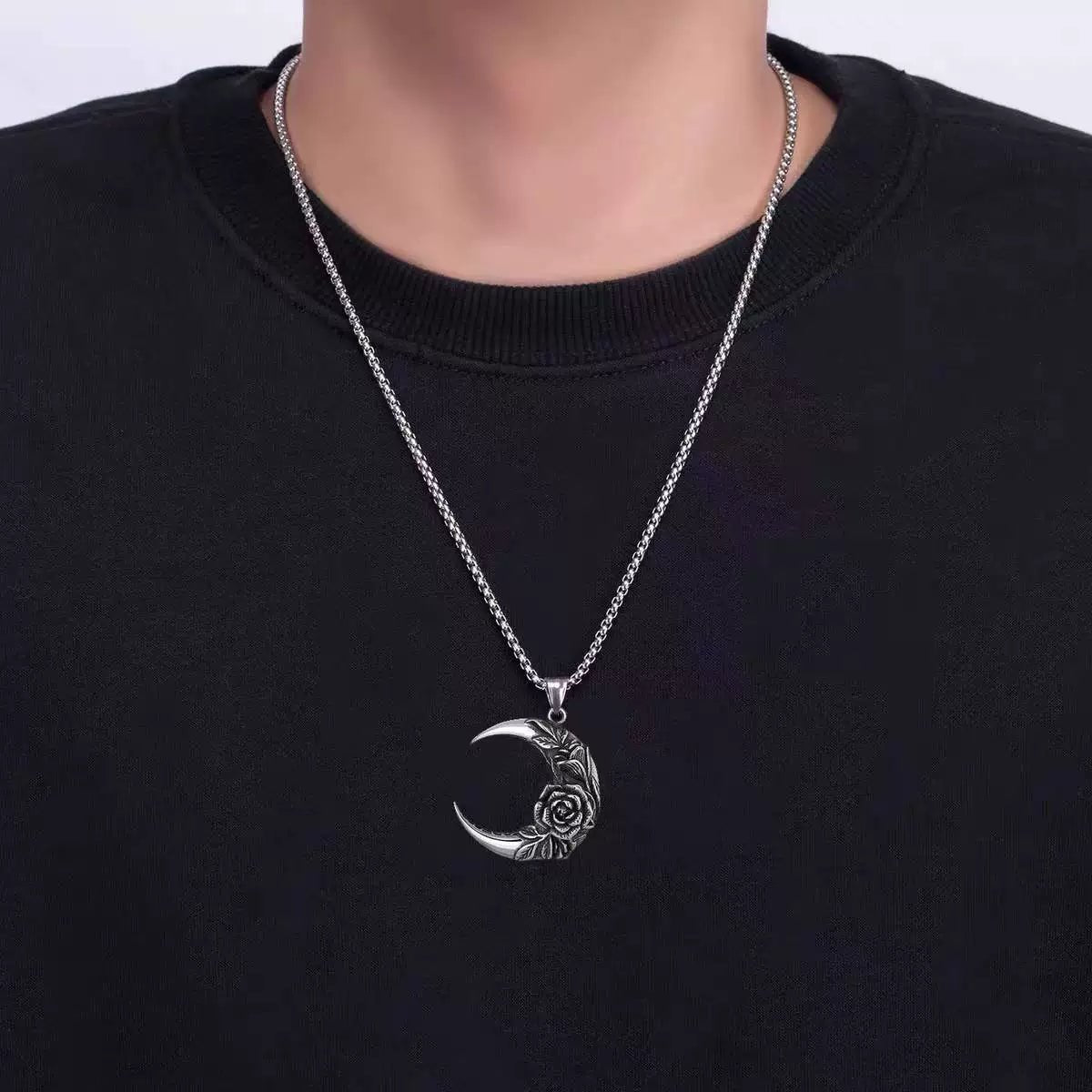 Crescent Moon with Rose Pendant Necklace - Mystical Rose Gems