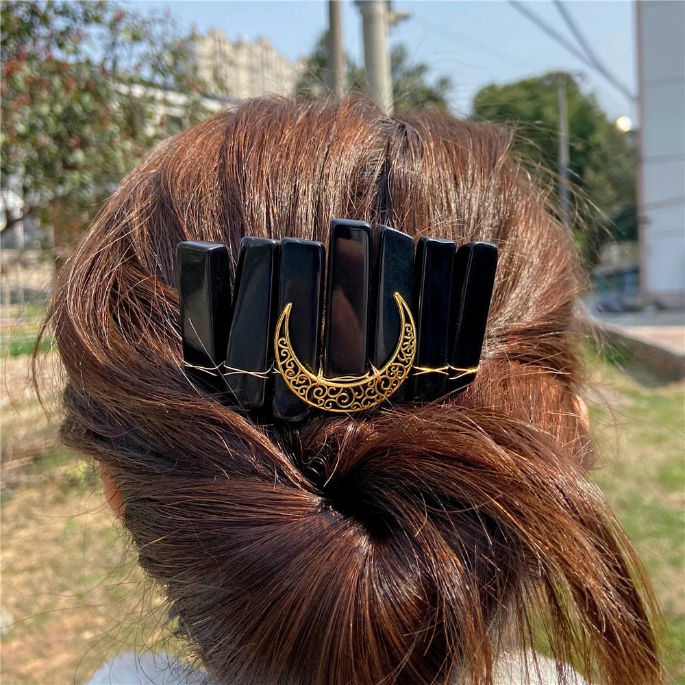 Mystical Crescent Moon Natural Crystal Hair Comb - Mystical Rose Gems