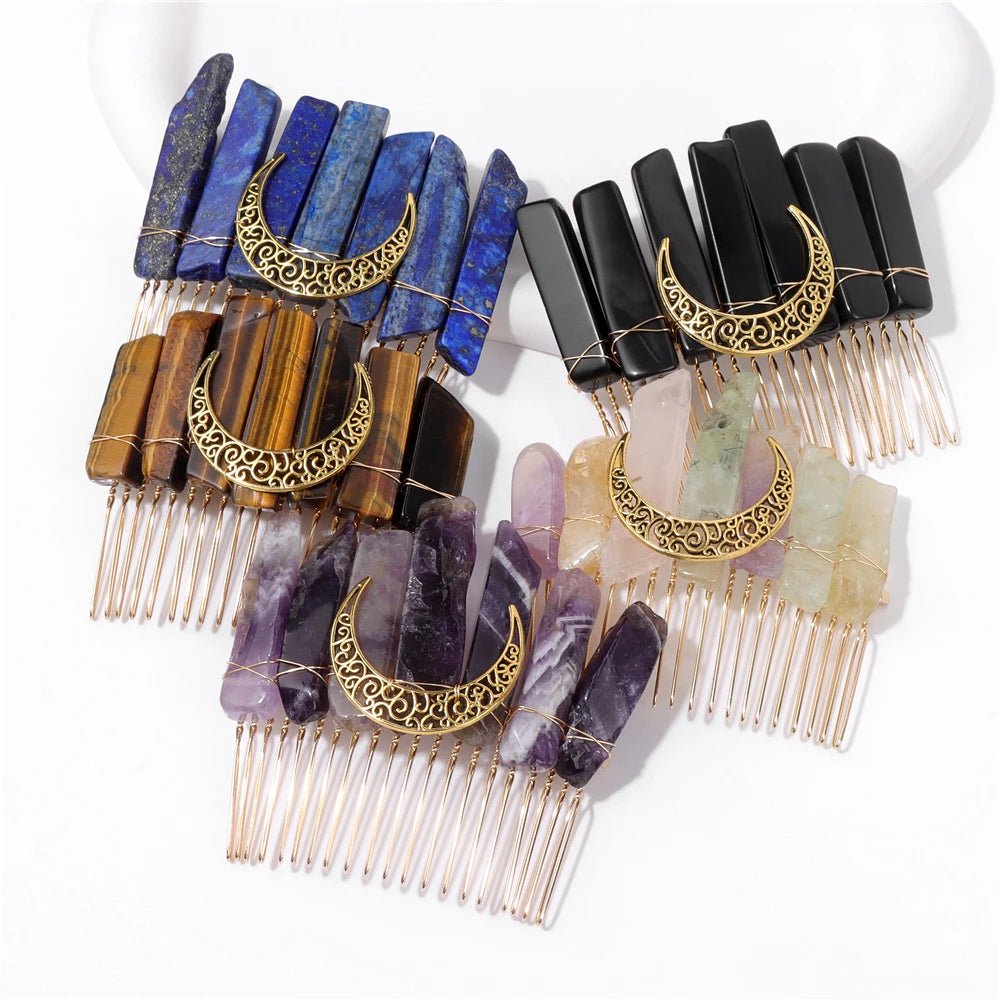 Mystical Crescent Moon Natural Crystal Hair Comb - Mystical Rose Gems