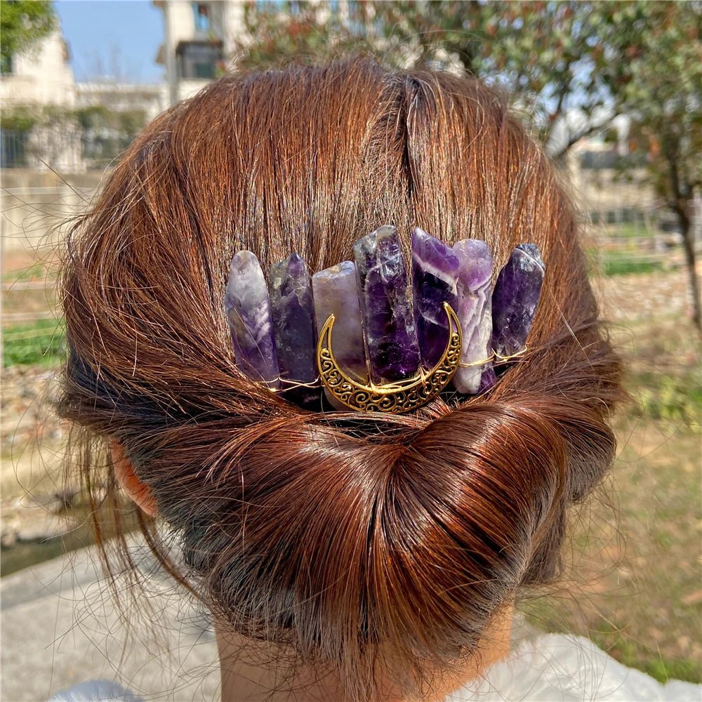 Mystical Crescent Moon Natural Crystal Hair Comb - Mystical Rose Gems