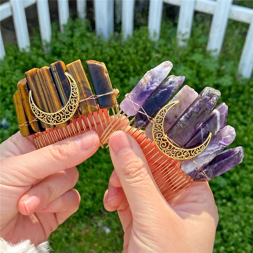 Mystical Crescent Moon Natural Crystal Hair Comb - Mystical Rose Gems