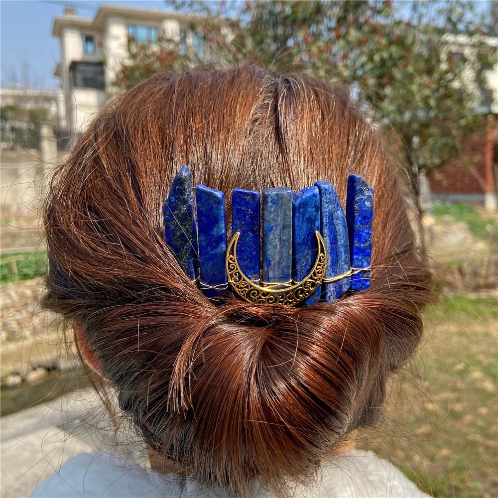 Mystical Crescent Moon Natural Crystal Hair Comb - Mystical Rose Gems