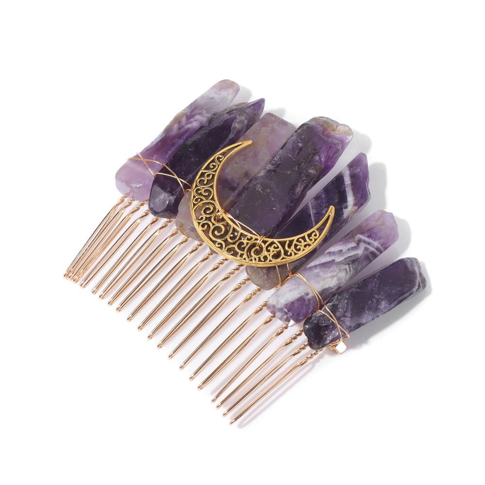 Mystical Crescent Moon Natural Crystal Hair Comb - Mystical Rose Gems