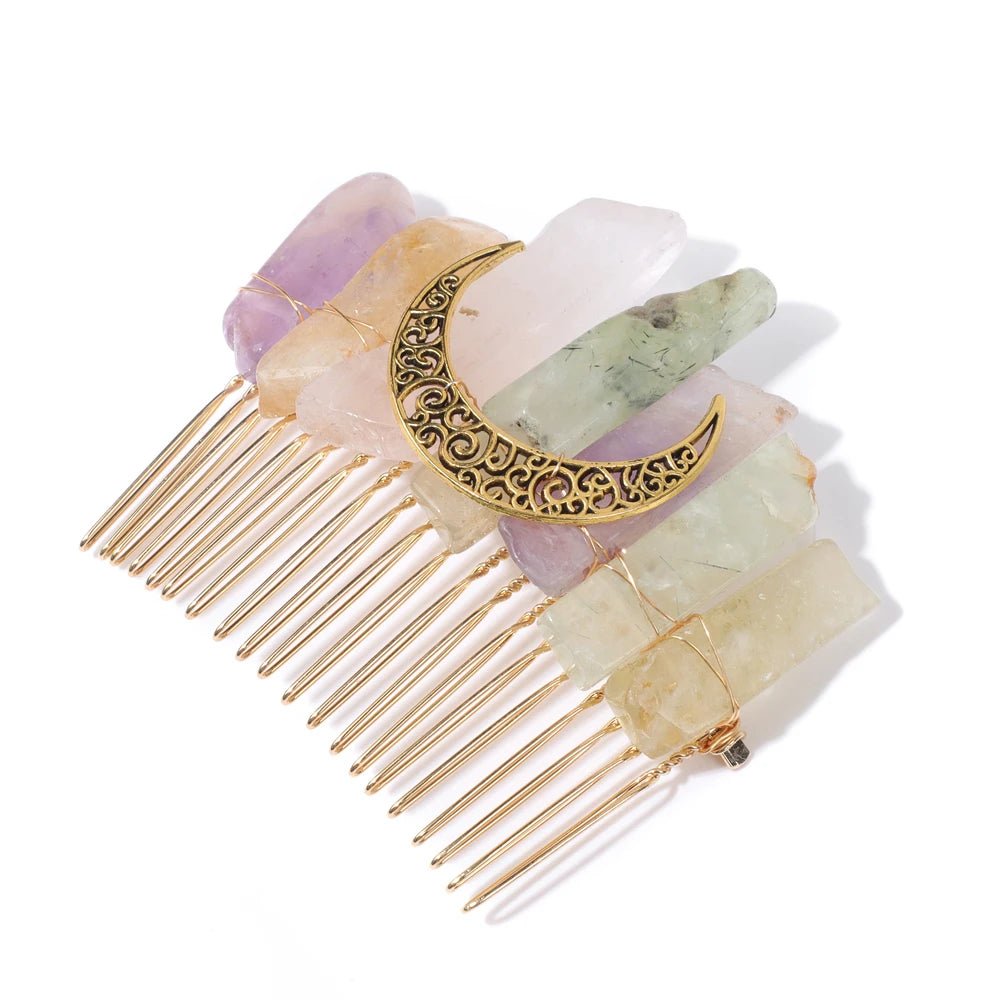 Mystical Crescent Moon Natural Crystal Hair Comb - Mystical Rose Gems
