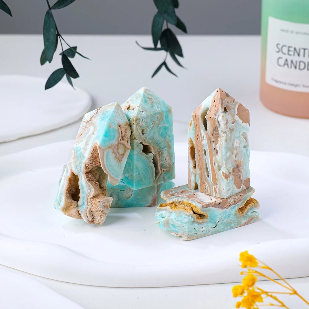 Natural Caribbean Calcite Crystal Hexagon Tower - Mystical Rose Gems
