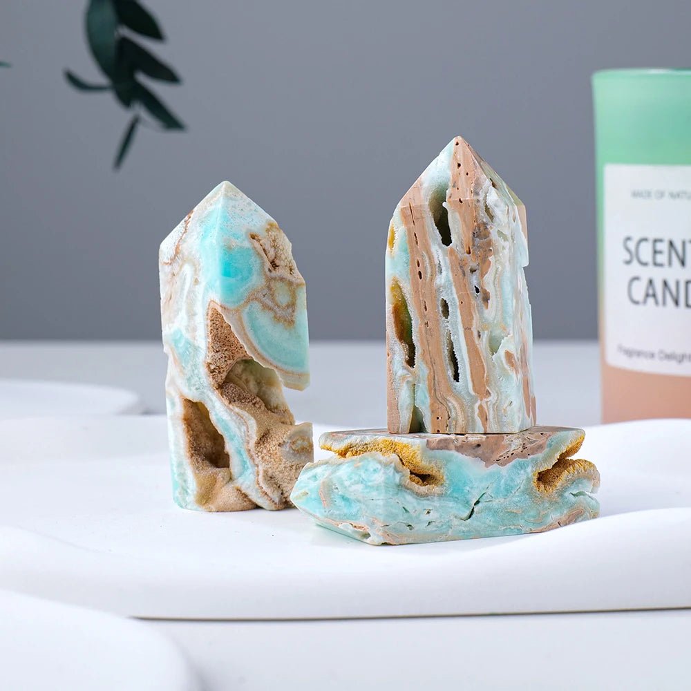 Natural Caribbean Calcite Crystal Hexagon Tower - Mystical Rose Gems