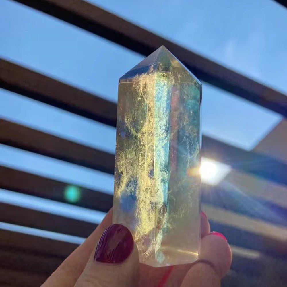 Natural Clear Aura Crystal Rainbow Tower - Mystical Rose Gems