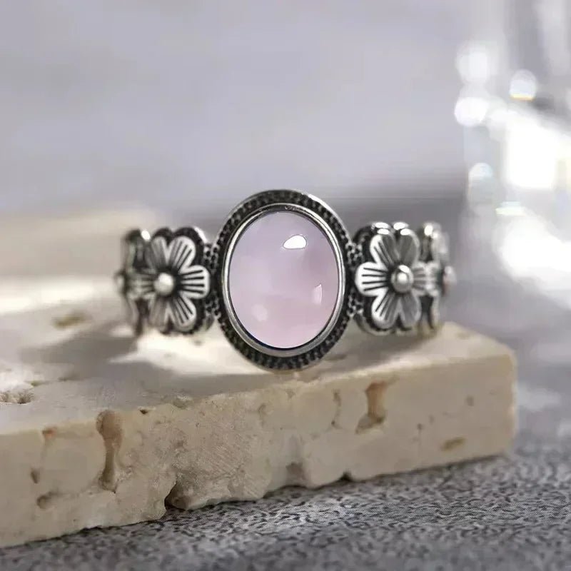 Sterling Silver Daisy Flower Ring with Moonstone, Rose Quartz, or Onyx - Mystical Rose Gems