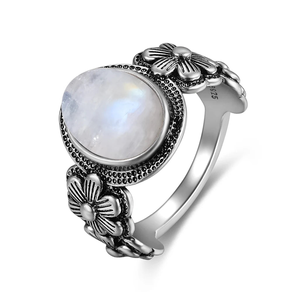 Sterling Silver Daisy Flower Ring with Moonstone, Rose Quartz, or Onyx - Mystical Rose Gems