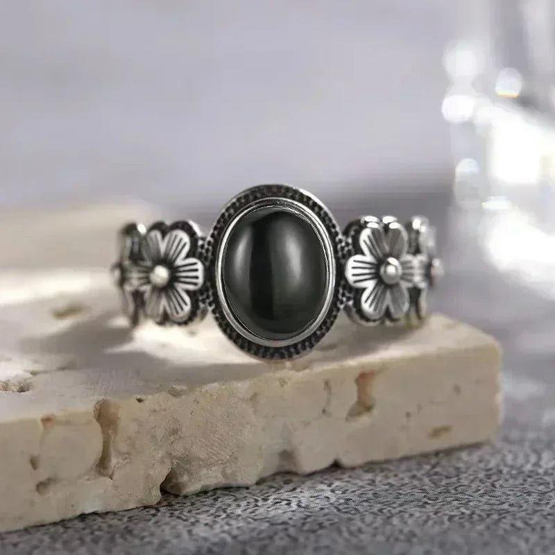 Sterling Silver Daisy Flower Ring with Moonstone, Rose Quartz, or Onyx - Mystical Rose Gems
