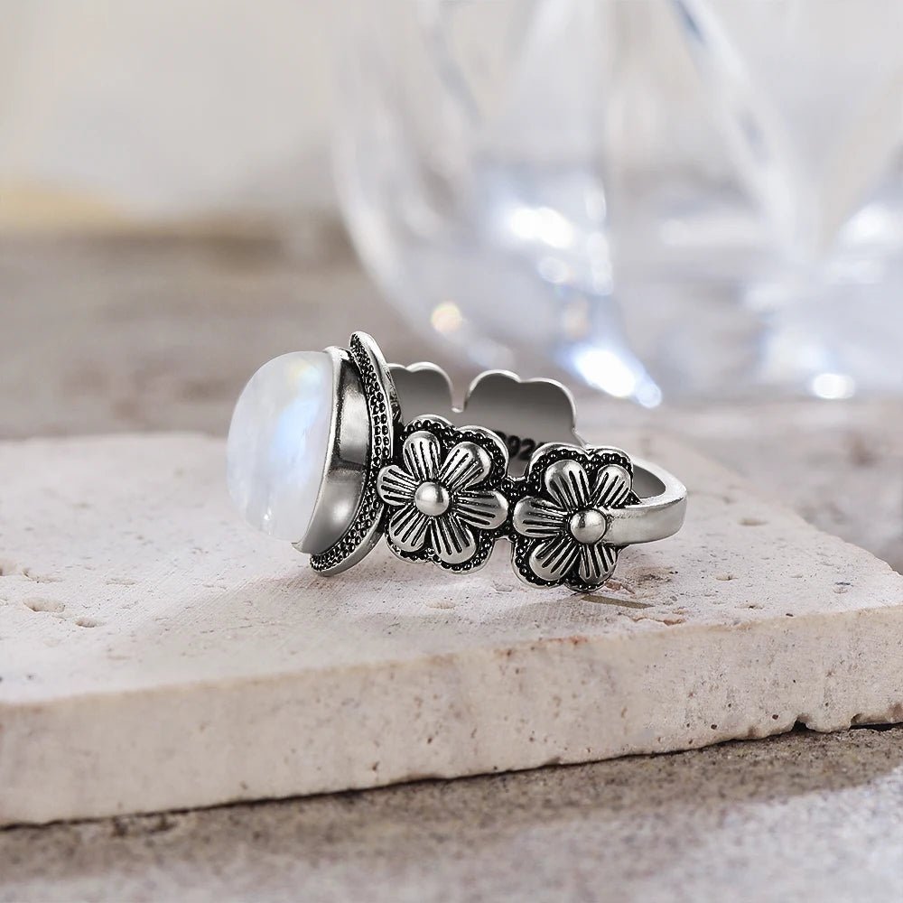 Sterling Silver Daisy Flower Ring with Moonstone, Rose Quartz, or Onyx - Mystical Rose Gems