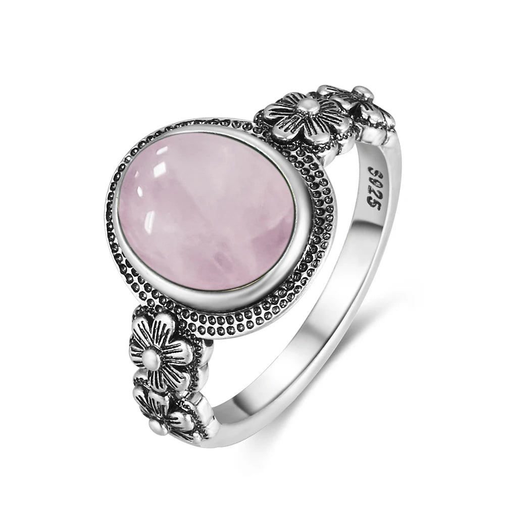 Sterling Silver Daisy Flower Ring with Moonstone, Rose Quartz, or Onyx - Mystical Rose Gems