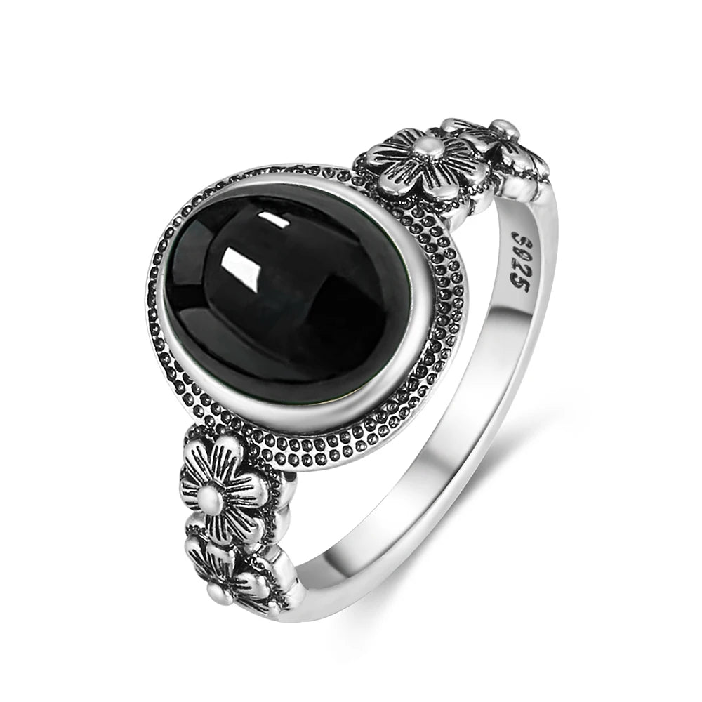 Sterling Silver Daisy Flower Ring with Moonstone, Rose Quartz, or Onyx - Mystical Rose Gems