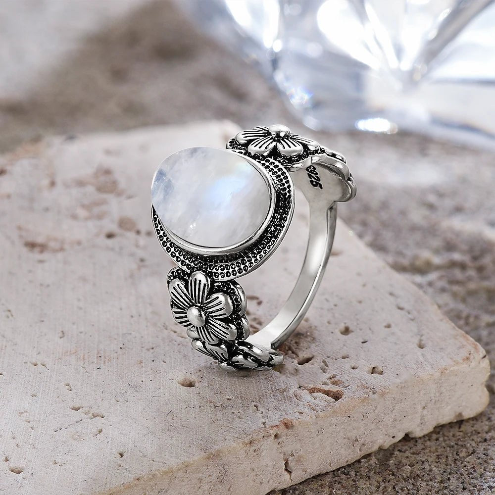 Sterling Silver Daisy Flower Ring with Moonstone, Rose Quartz, or Onyx - Mystical Rose Gems