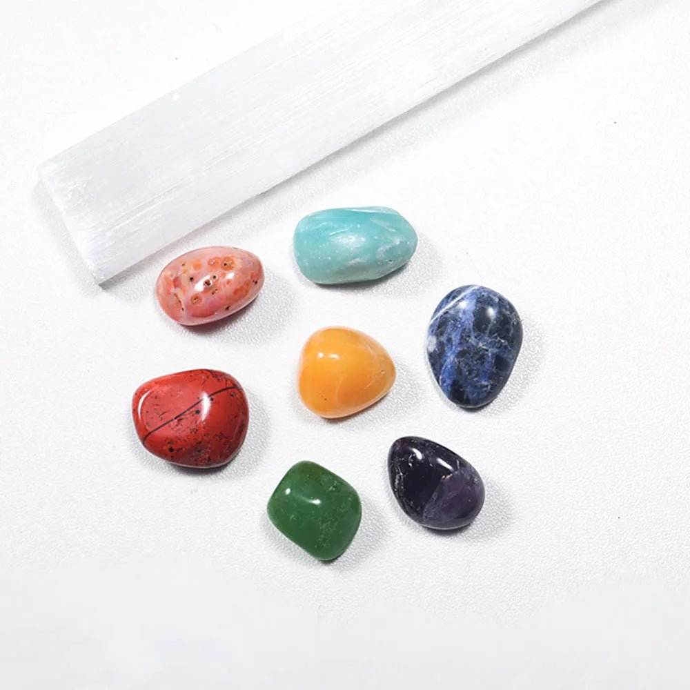Seven Gemstone Chakra Stones with Gypsum Board - Mystical Rose Gems