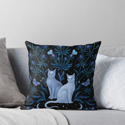 Blue Thistle and White Cat Pillowcase with Zipper - Mystical Rose Gems