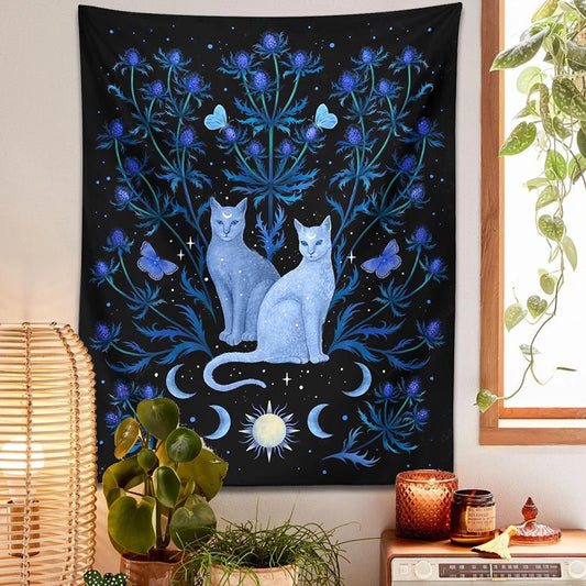 Blue Thistle Cat Tapestry Wall Hanging - Mystical Rose Gems