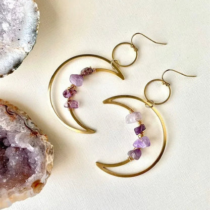 Crescent Moon Phase Earrings - Amethyst or Rose Quartz Crystal - Mystical Rose Gems