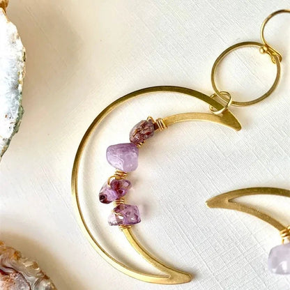 Crescent Moon Phase Earrings - Amethyst or Rose Quartz Crystal - Mystical Rose Gems