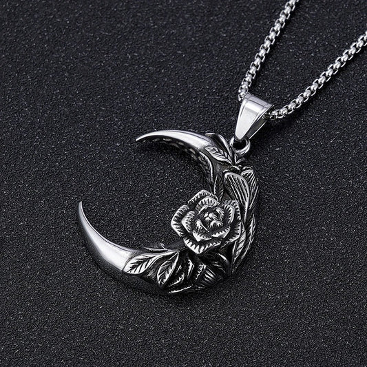 Crescent Moon with Rose Pendant Necklace in Stainless Steel - Mystical Rose Gems