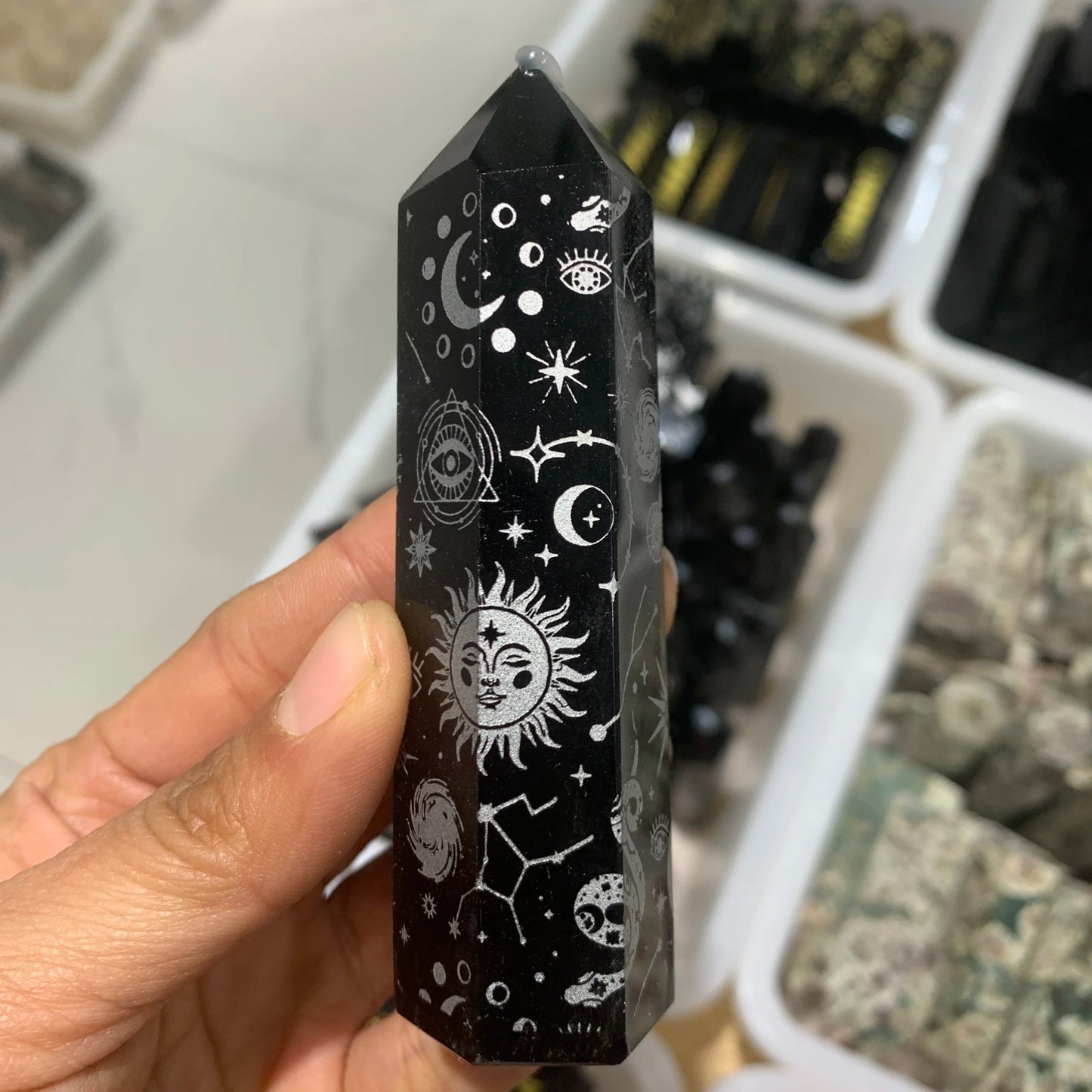 Etched Black Obsidian Crystal Tower - Mystical Rose Gems