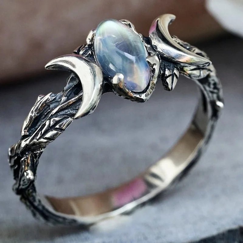 Faux Moonstone Crescent Moon Ring - Mystical Rose Gems