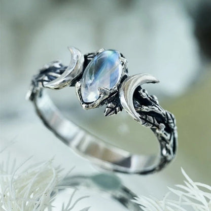 Faux Moonstone Crescent Moon Ring - Mystical Rose Gems