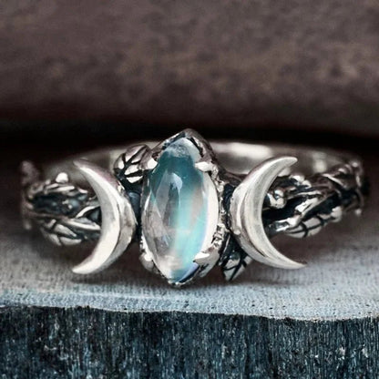 Faux Moonstone Crescent Moon Ring - Mystical Rose Gems