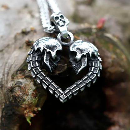 Gothic Double Skull Heart Pendant in Silver - Mystical Rose Gems