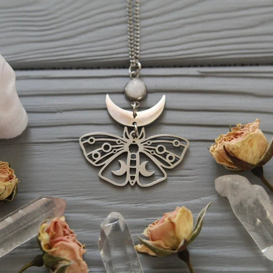 Gothic Moon and Moth Pendant Necklace - Mystical Rose Gems