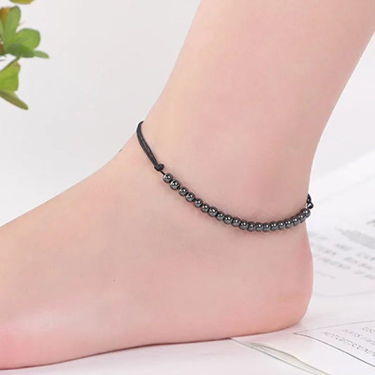 Hematite Bead Anklet with Handmade Braided Black Adjustable Rope - Mystical Rose Gems
