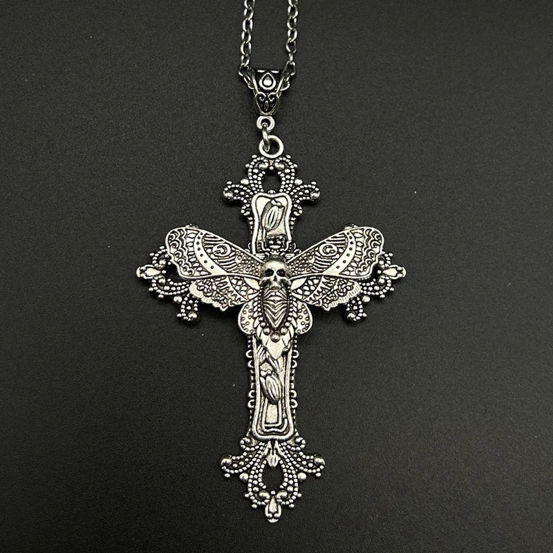 Large Moth Cross Victorian Goth Style Necklace - Mystical Rose Gems