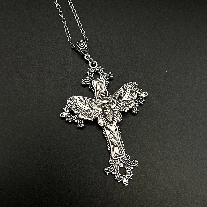 Large Moth Cross Victorian Goth Style Necklace - Mystical Rose Gems