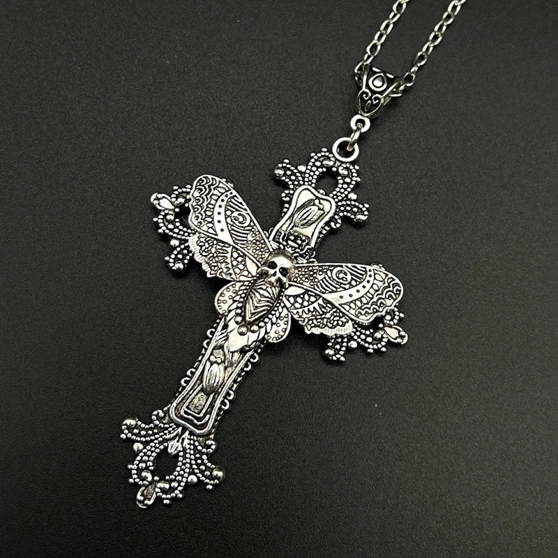 Large Moth Cross Victorian Goth Style Necklace - Mystical Rose Gems