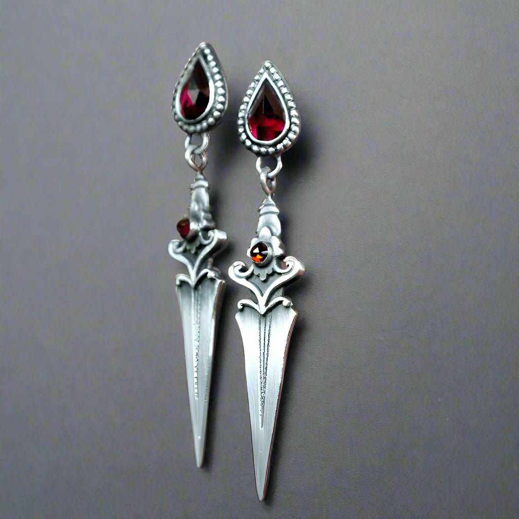 Medieval Gothic Sword Drop Earrings - Mystical Rose Gems