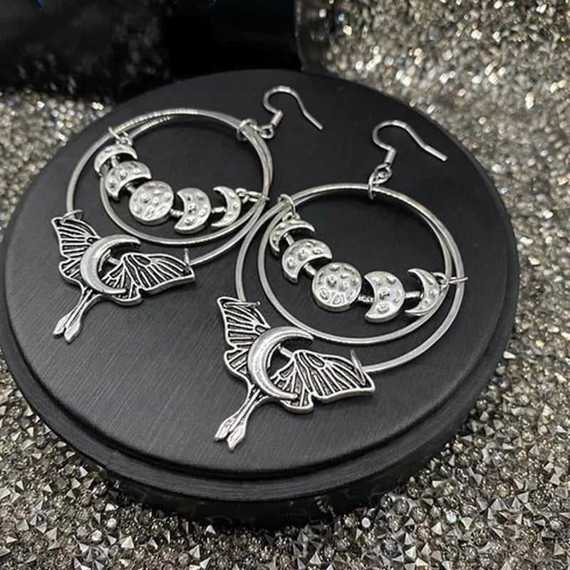 Moon Phase with Luna Moth Boho Earrings - Mystical Rose Gems