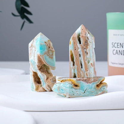 Natural Caribbean Calcite Crystal Hexagon Tower - Mystical Rose Gems