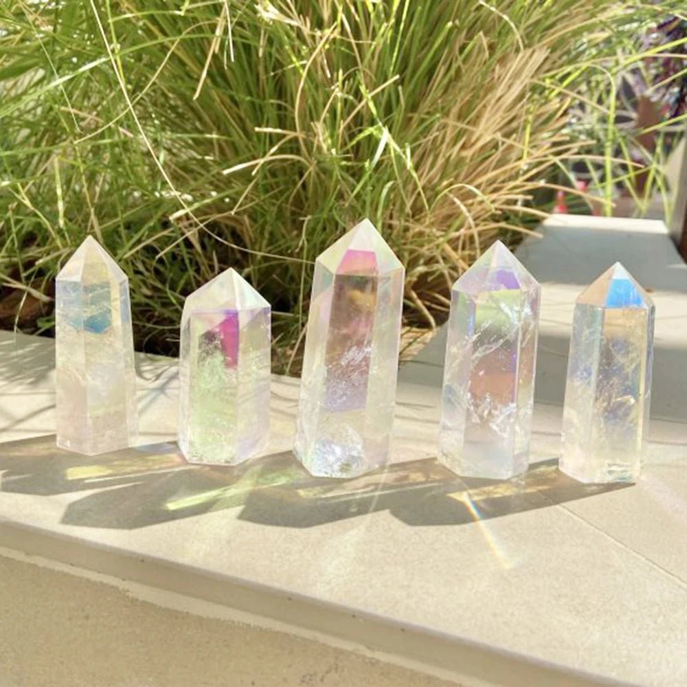 Natural Clear Aura Crystal Rainbow Tower - Mystical Rose Gems