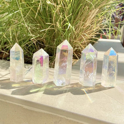 Natural Clear Aura Crystal Rainbow Tower - Mystical Rose Gems