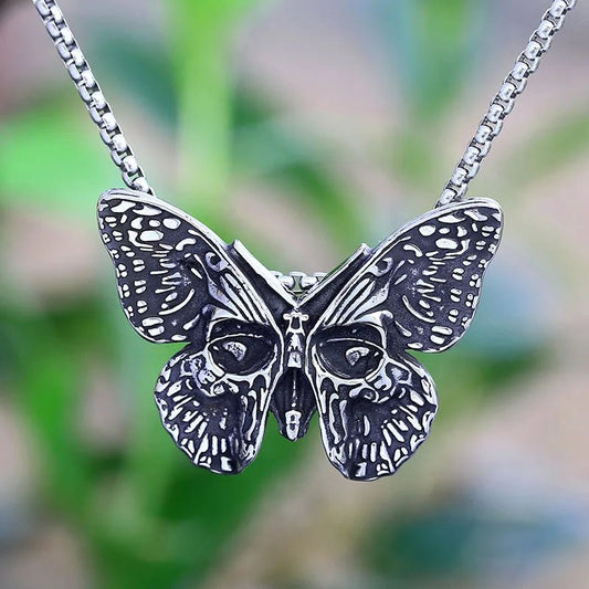 Stainless Steel Butterfly Skull Pendant Necklace - Mystical Rose Gems