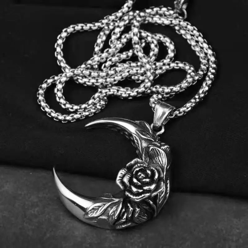 Stainless Steel Crescent Moon with Rose Pendant Necklace - Mystical Rose Gems