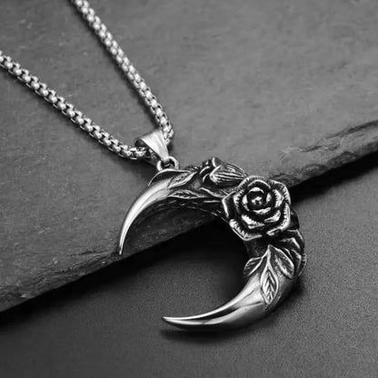 Stainless Steel Crescent Moon with Rose Pendant Necklace - Mystical Rose Gems