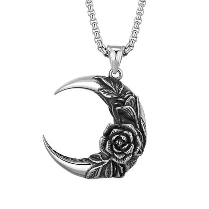 Stainless Steel Crescent Moon with Rose Pendant Necklace - Mystical Rose Gems