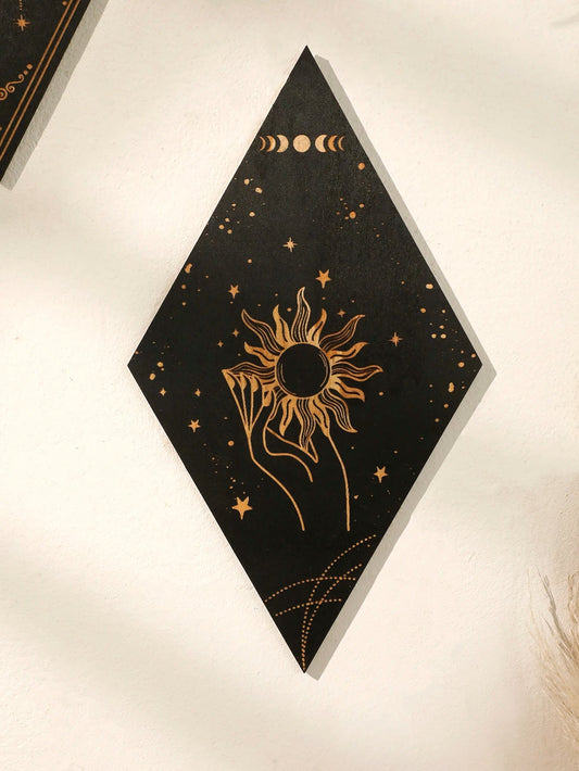 Sun Moon Stars Pattern Wooden Wall Decor - Mystical Rose Gems