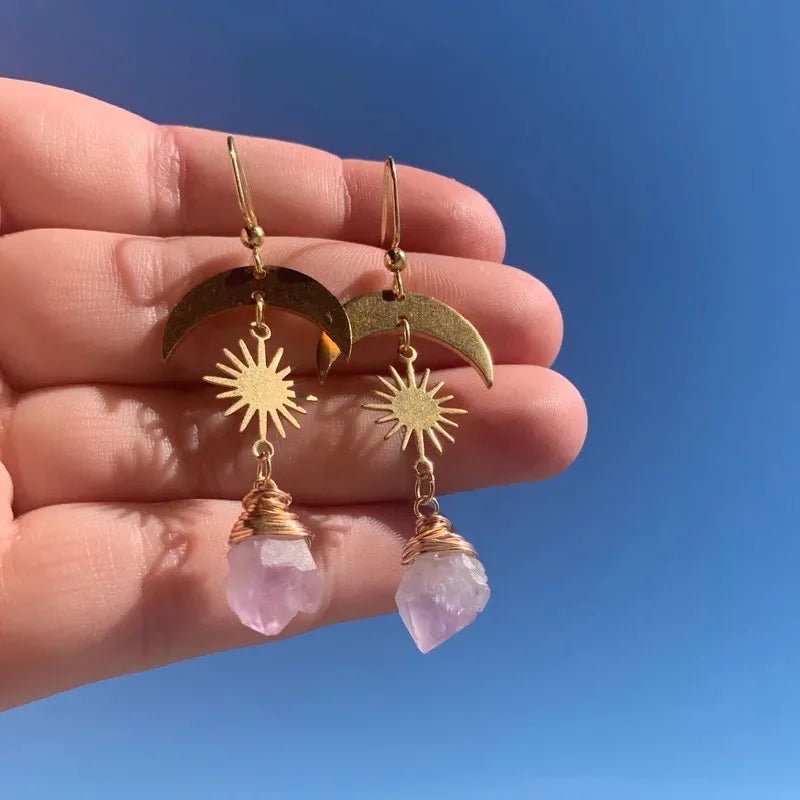 Sunburst Moon Dangle Earrings - Mystical Rose Gems