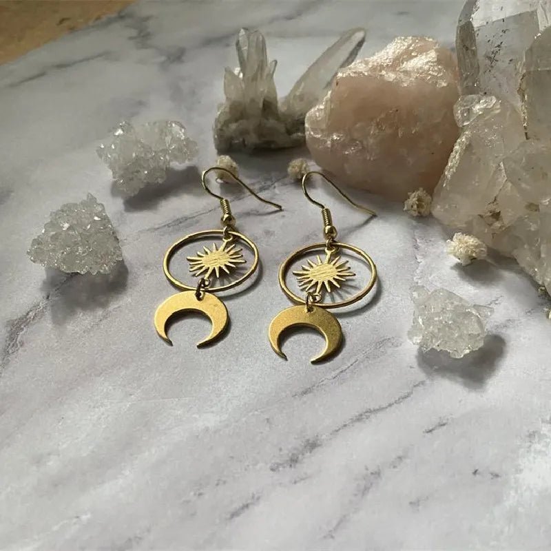 Sunburst Moon Dangle Earrings - Mystical Rose Gems