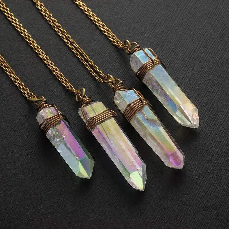 White Rainbow Aura Quartz Crystal Necklace & Other Styles - Mystical Rose Gems