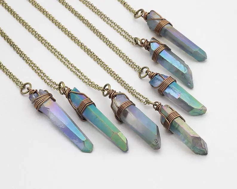 White Rainbow Aura Quartz Crystal Necklace & Other Styles - Mystical Rose Gems